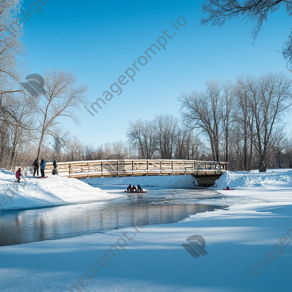 Children tobogganing near a snowy bridge - Image 4