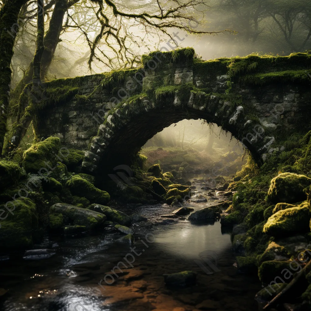 Moss-covered stone bridge in fog - Image 1