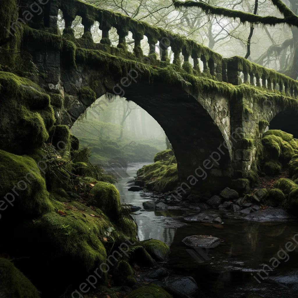 Moss-covered stone bridge in fog - Image 2