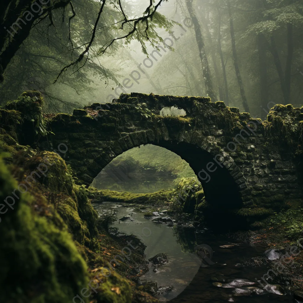 Moss-covered stone bridge in fog - Image 3