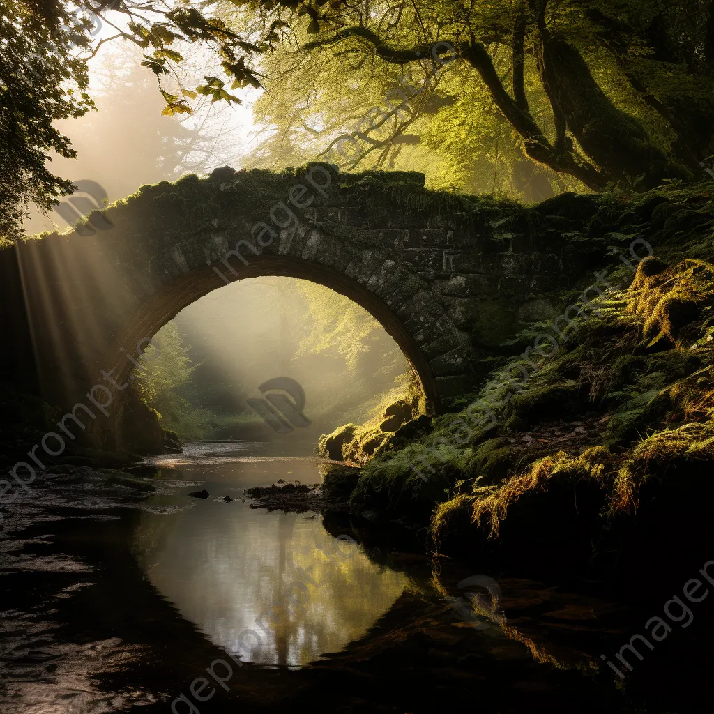 Moss-covered stone bridge in fog - Image 4