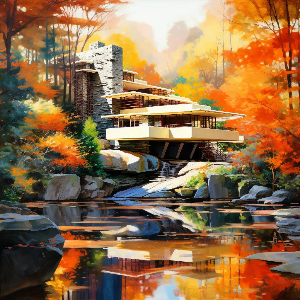 Serene view of Fallingwater house with autumn colors - Image 2