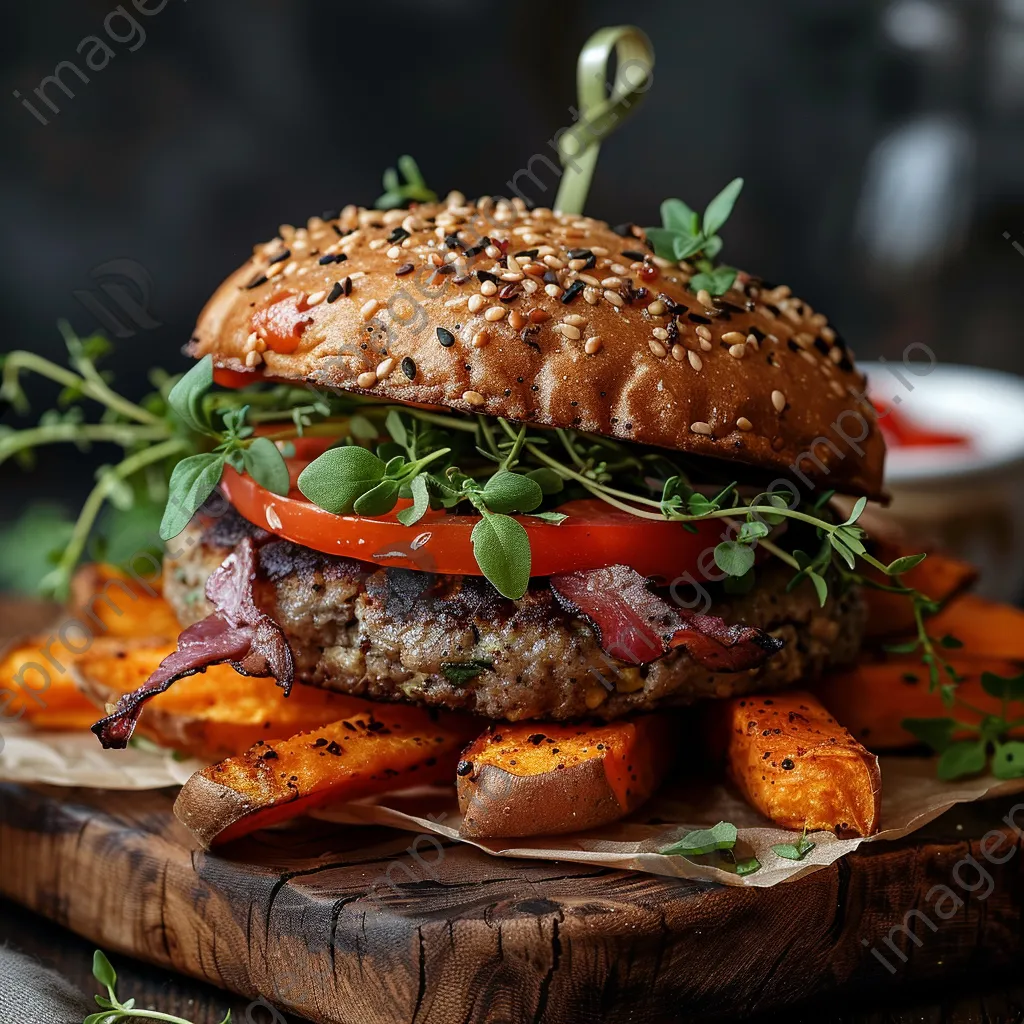 A vegan burger with sweet potato fries on a wooden serving board garnished with herbs. - Image 1