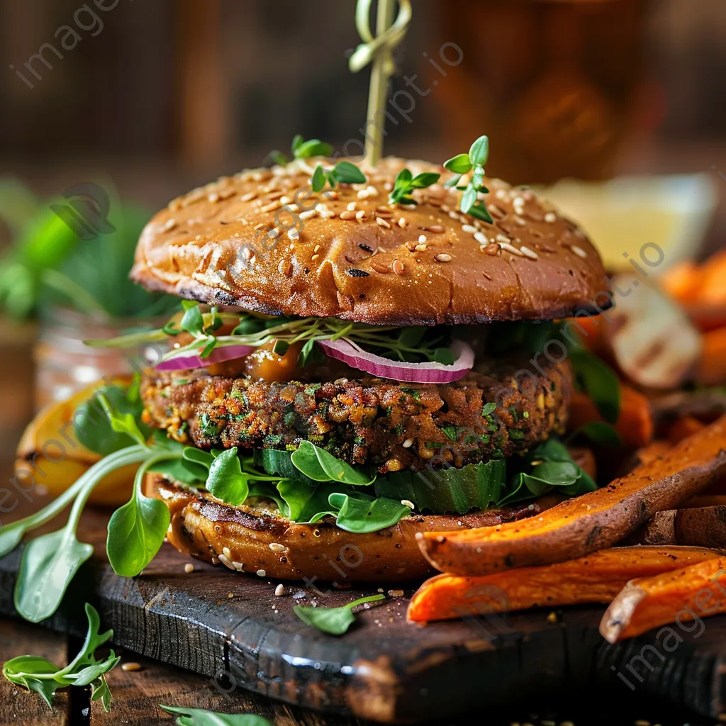 A vegan burger with sweet potato fries on a wooden serving board garnished with herbs. - Image 2