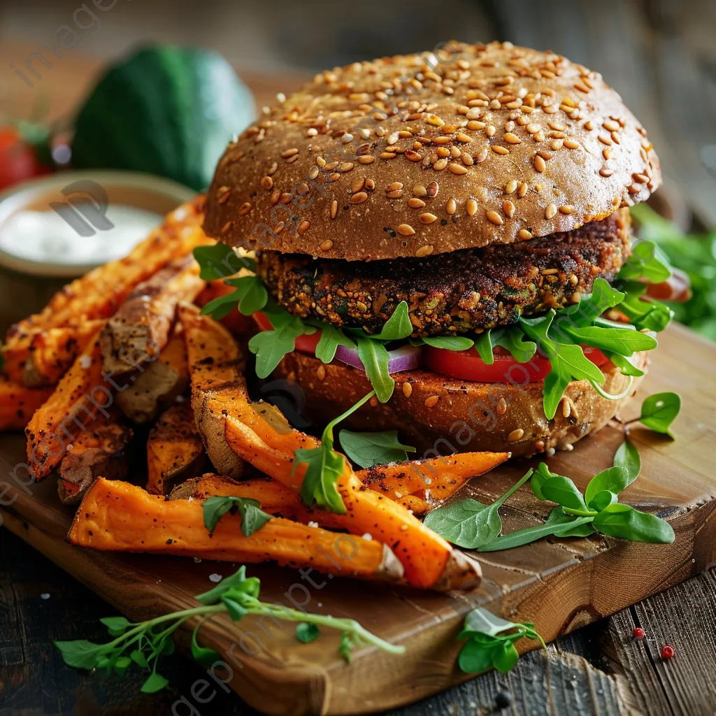 A vegan burger with sweet potato fries on a wooden serving board garnished with herbs. - Image 3