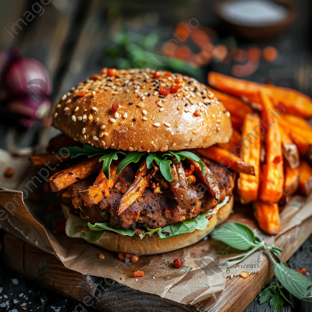 A vegan burger with sweet potato fries on a wooden serving board garnished with herbs. - Image 4