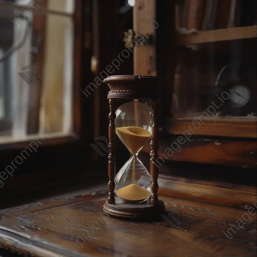 Vintage hourglass with golden sand on antique wooden desk - Image 1