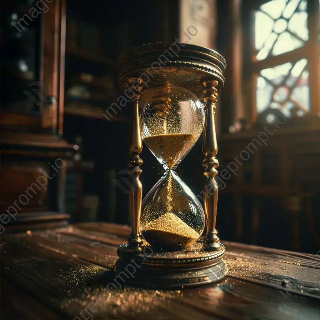 Vintage hourglass with golden sand on antique wooden desk - Image 2