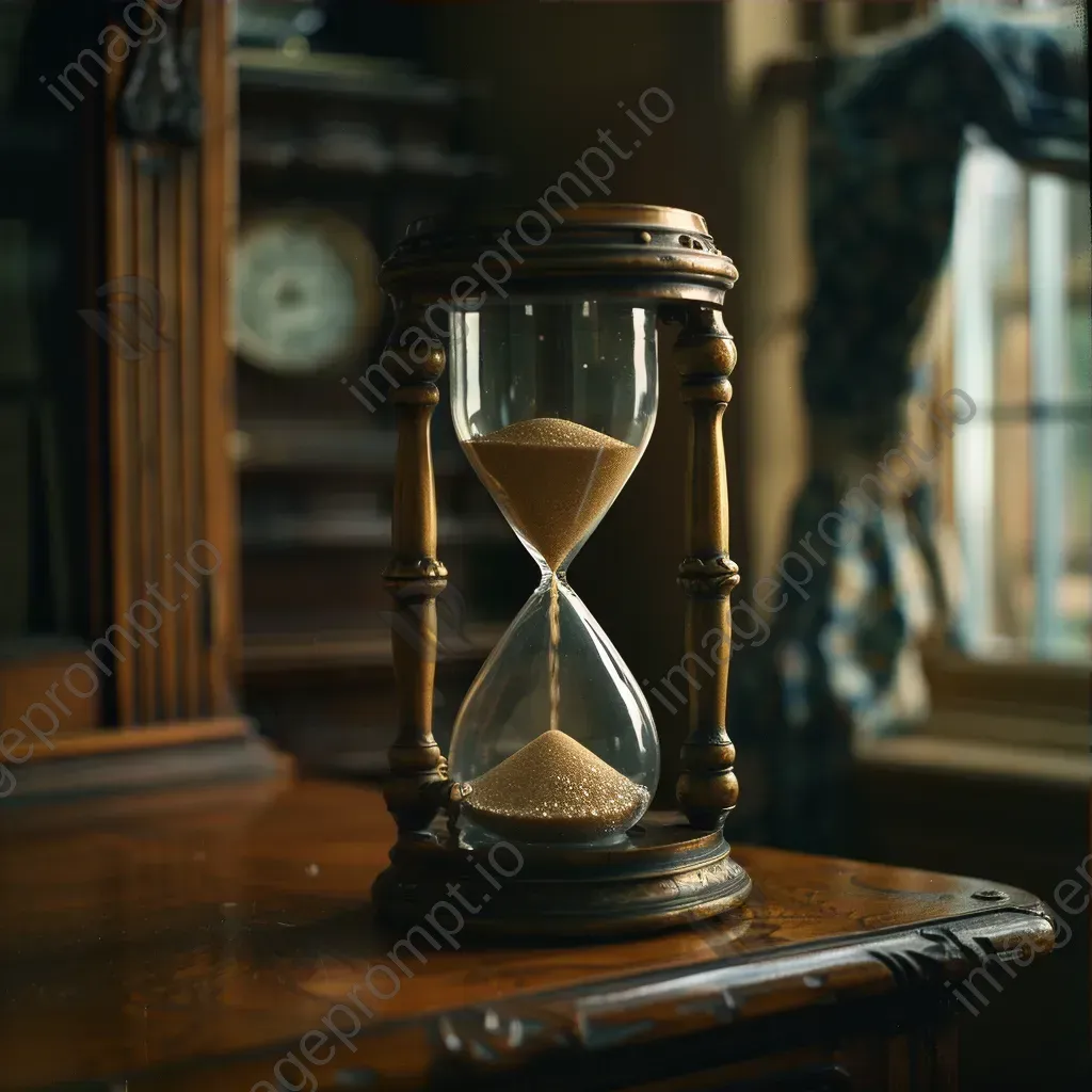 Vintage hourglass with golden sand on antique wooden desk - Image 3