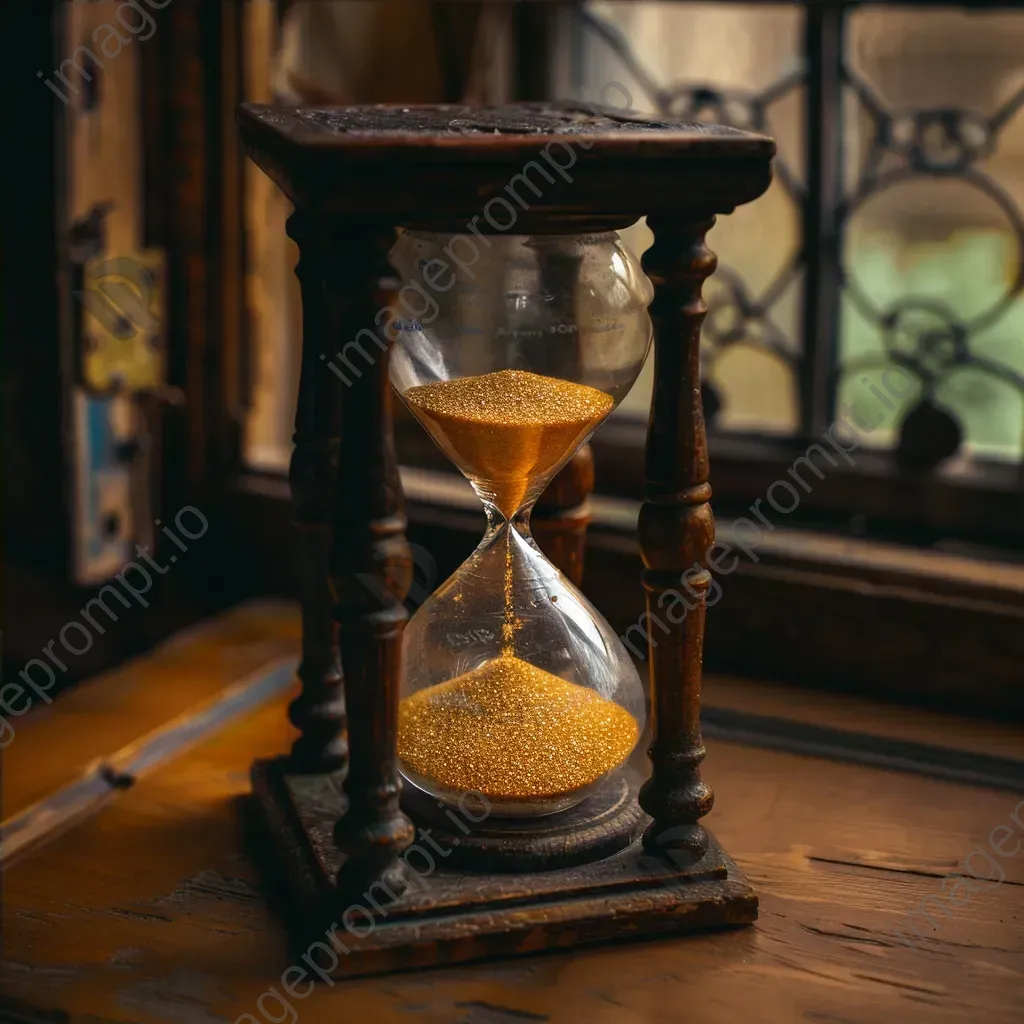 Vintage hourglass with golden sand on antique wooden desk - Image 4