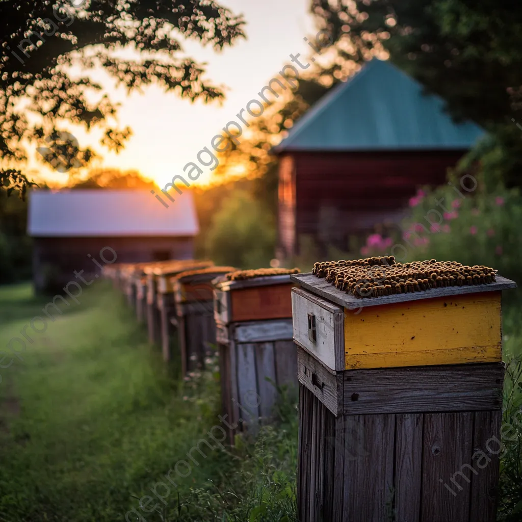 Traditional apiary on a historic farm with old wooden barns under a vibrant sunset. - Image 1