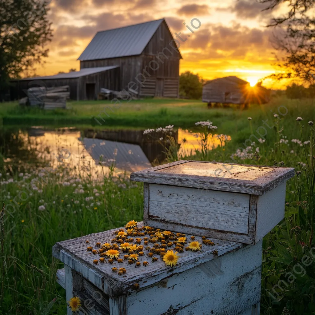 Traditional apiary on a historic farm with old wooden barns under a vibrant sunset. - Image 2