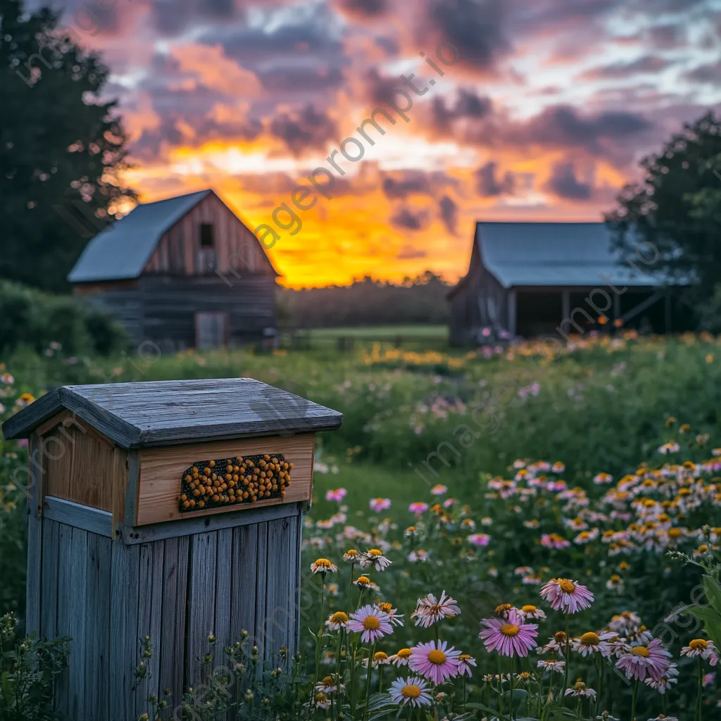 Traditional apiary on a historic farm with old wooden barns under a vibrant sunset. - Image 3