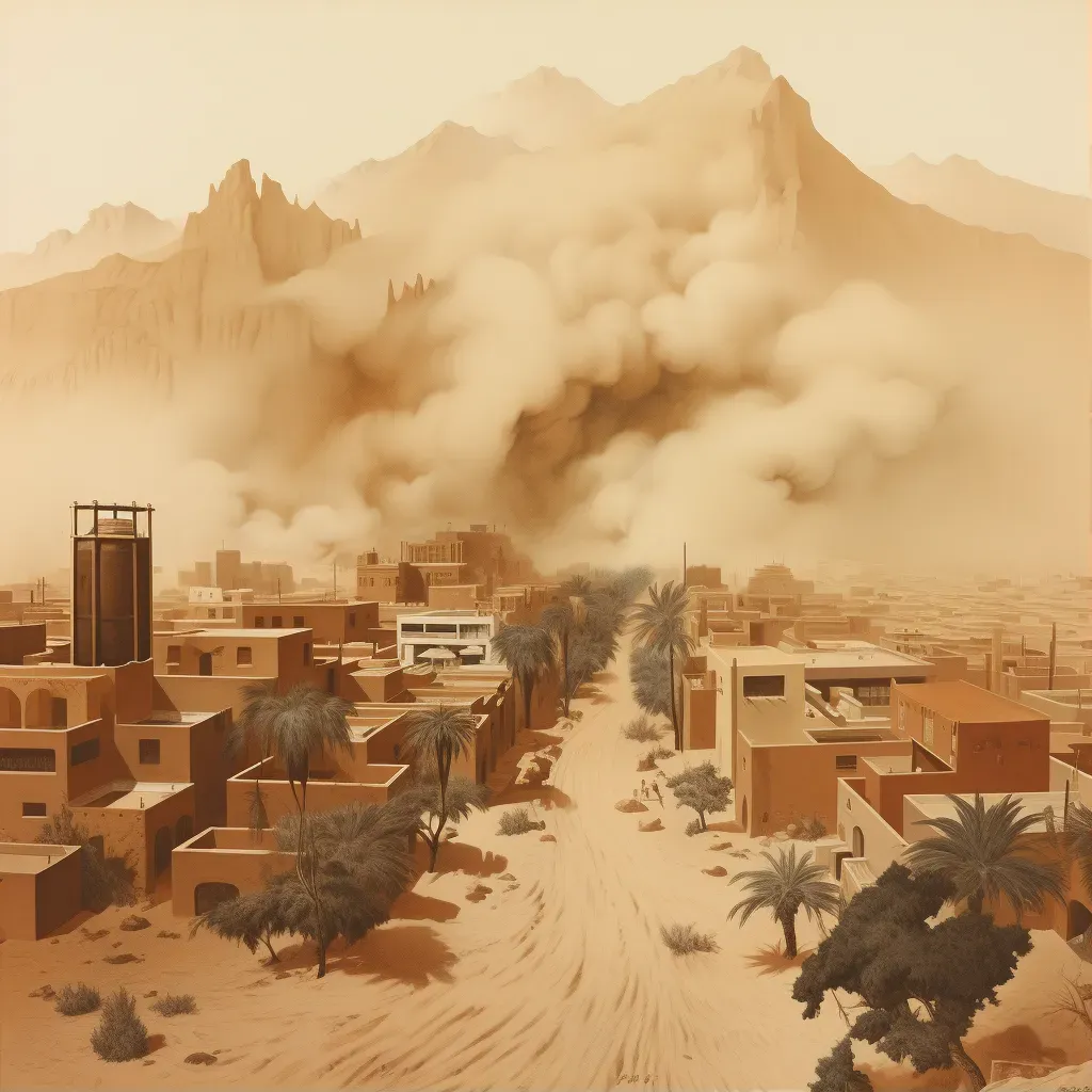 Dust storm enveloping a desert town with buildings barely visible through the brown haze - Image 1