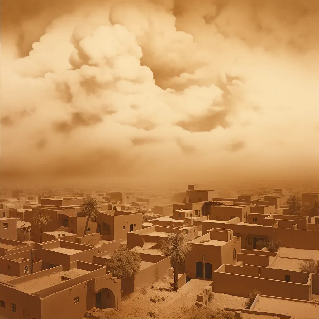 Dust storm enveloping a desert town with buildings barely visible through the brown haze - Image 2