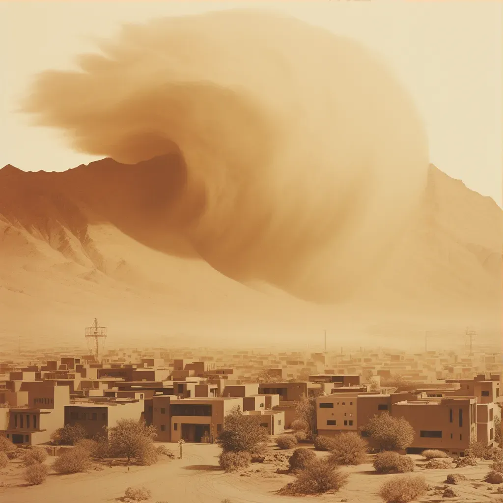 Dust storm enveloping a desert town with buildings barely visible through the brown haze - Image 3