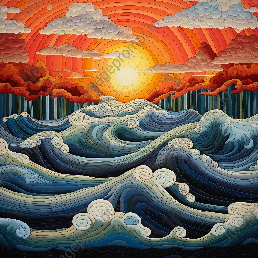 Surreal seascape of waves transforming into quilt-pattern farmland with folk art aesthetic - Image 1