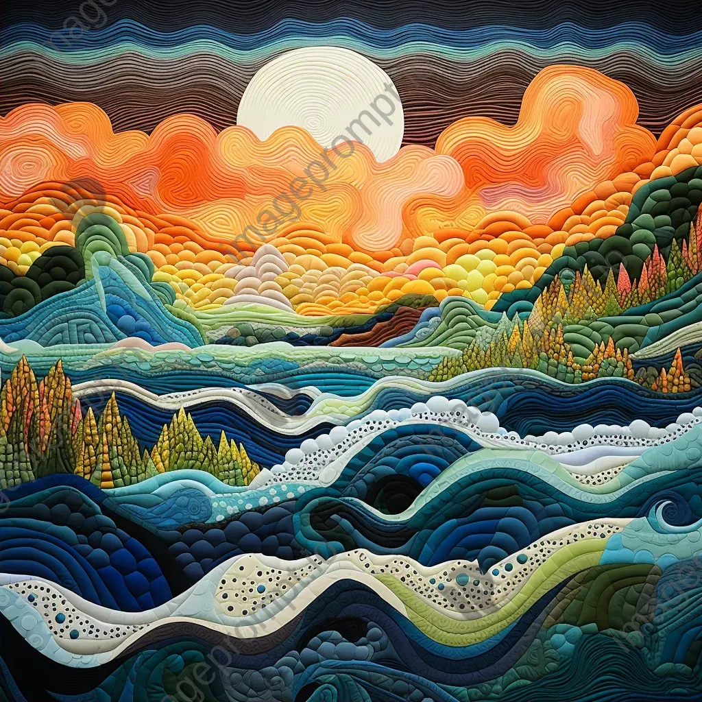 Surreal seascape of waves transforming into quilt-pattern farmland with folk art aesthetic - Image 2