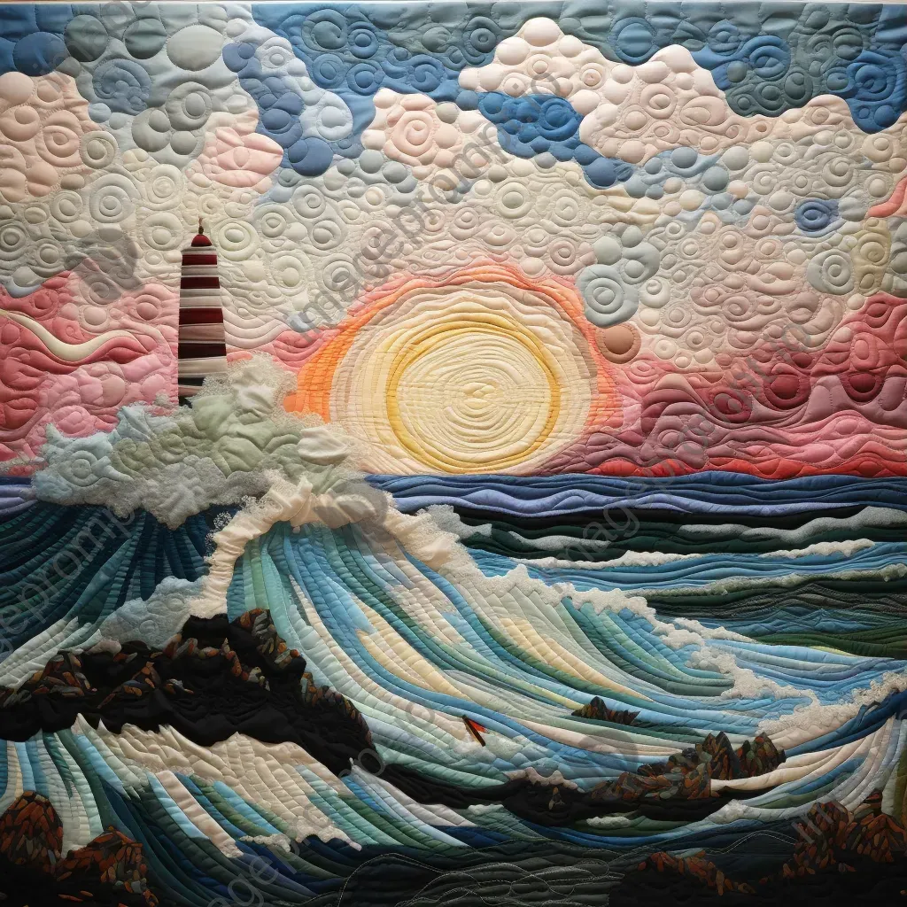 Surreal seascape of waves transforming into quilt-pattern farmland with folk art aesthetic - Image 3