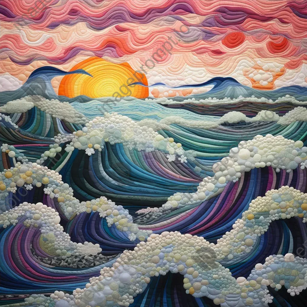 Surreal seascape of waves transforming into quilt-pattern farmland with folk art aesthetic - Image 4