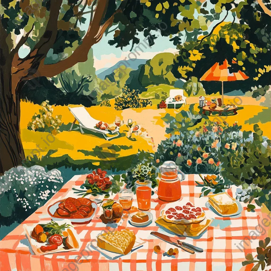 Summer picnic depicted in low poly, geometric style with nature-inspired colors - Image 1