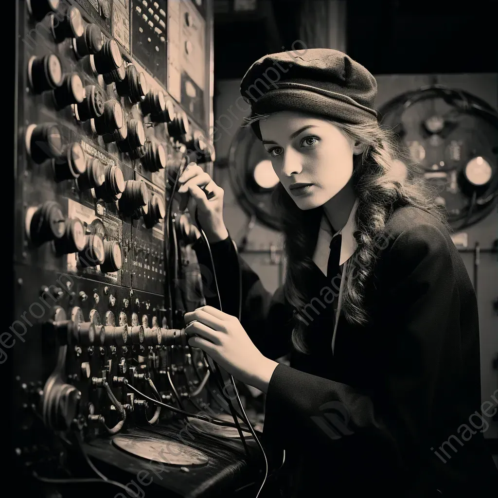 Professional telephone operator at switchboard using vintage communication equipment - Image 3