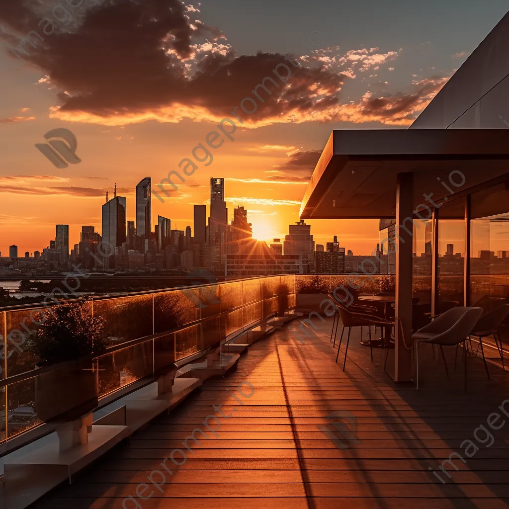 Rooftop terrace overlooking a city skyline during sunset - Image 1