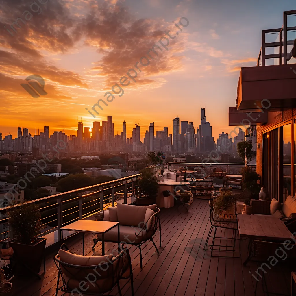 Rooftop terrace overlooking a city skyline during sunset - Image 2