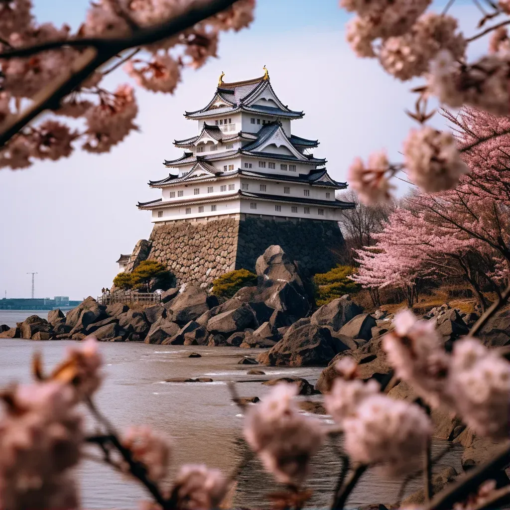 Feudal Japanese castle with cherry blossoms on a rocky cliff - Image 1