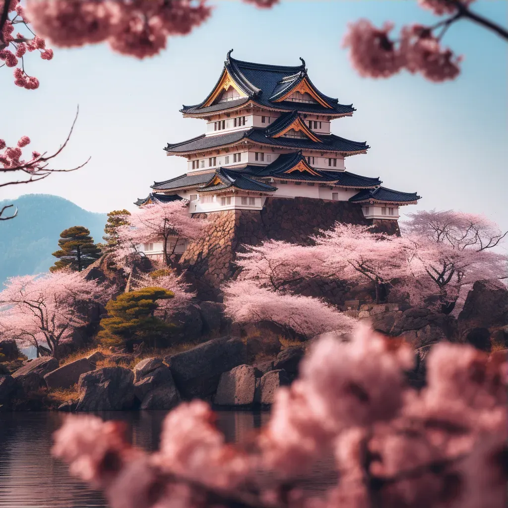 Feudal Japanese castle with cherry blossoms on a rocky cliff - Image 3