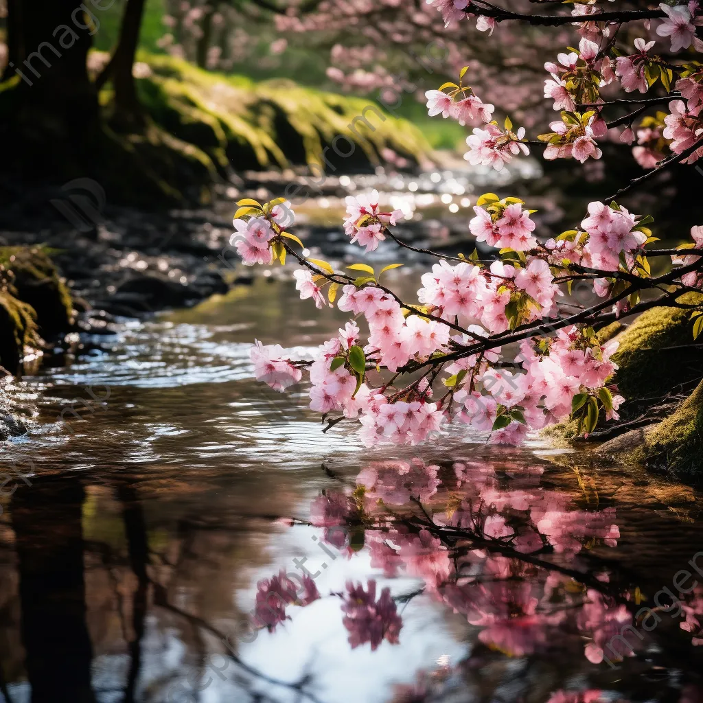 Cherry blossoms reflected in a slow-moving stream - Image 1