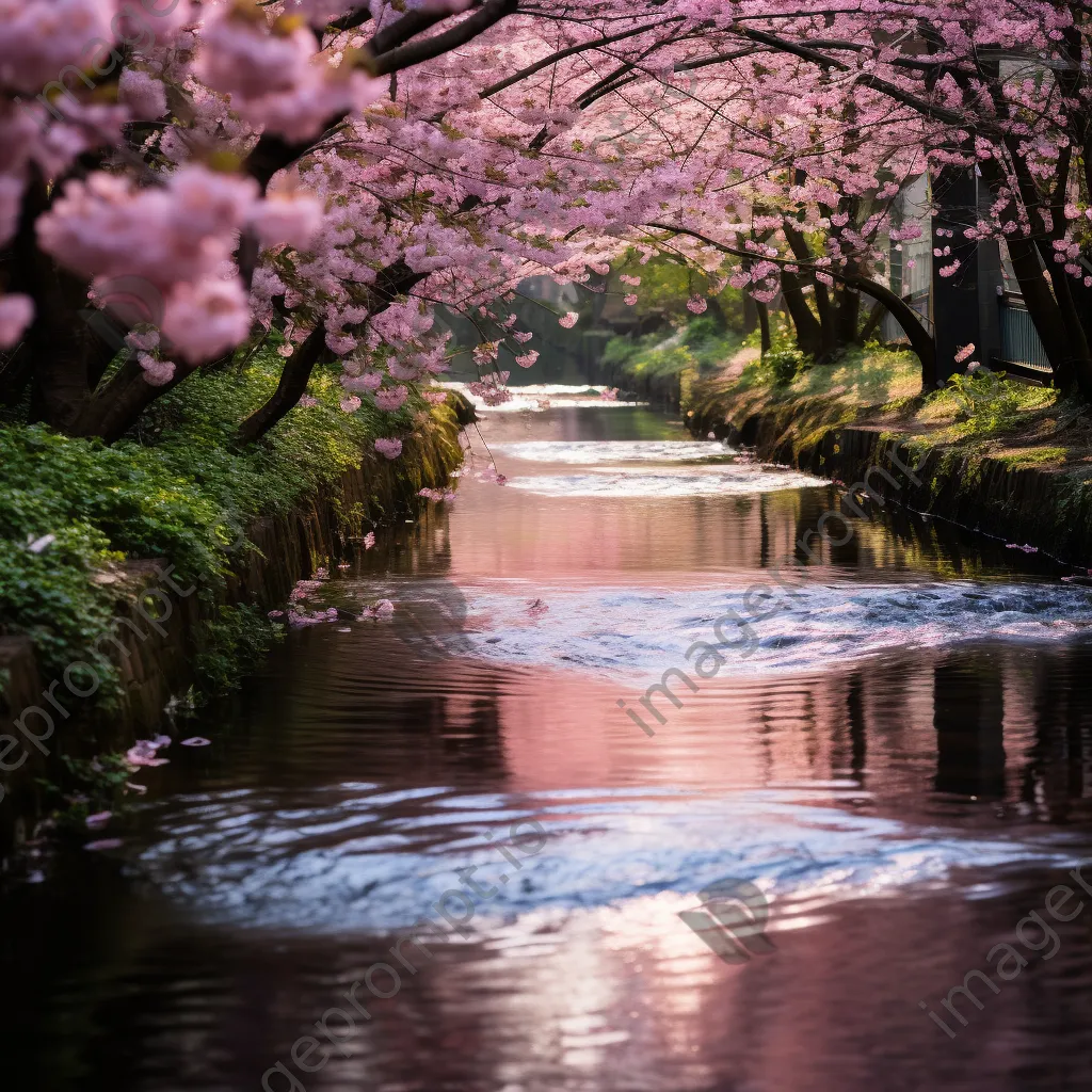 Cherry blossoms reflected in a slow-moving stream - Image 2