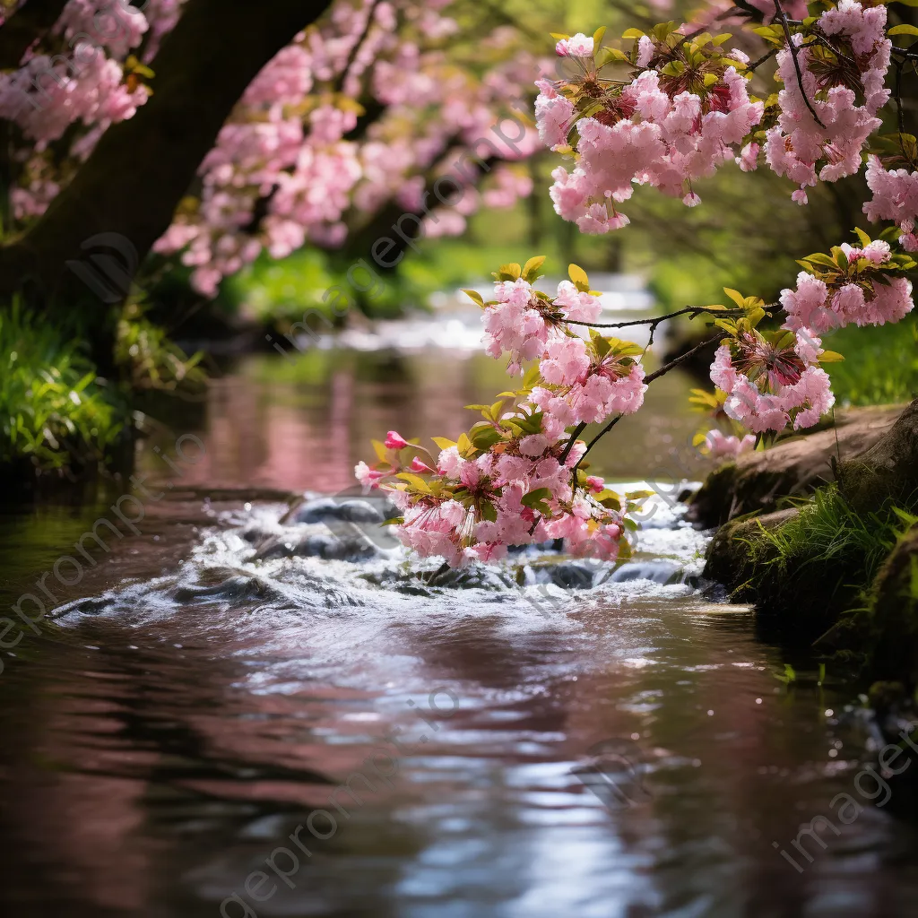 Cherry blossoms reflected in a slow-moving stream - Image 4