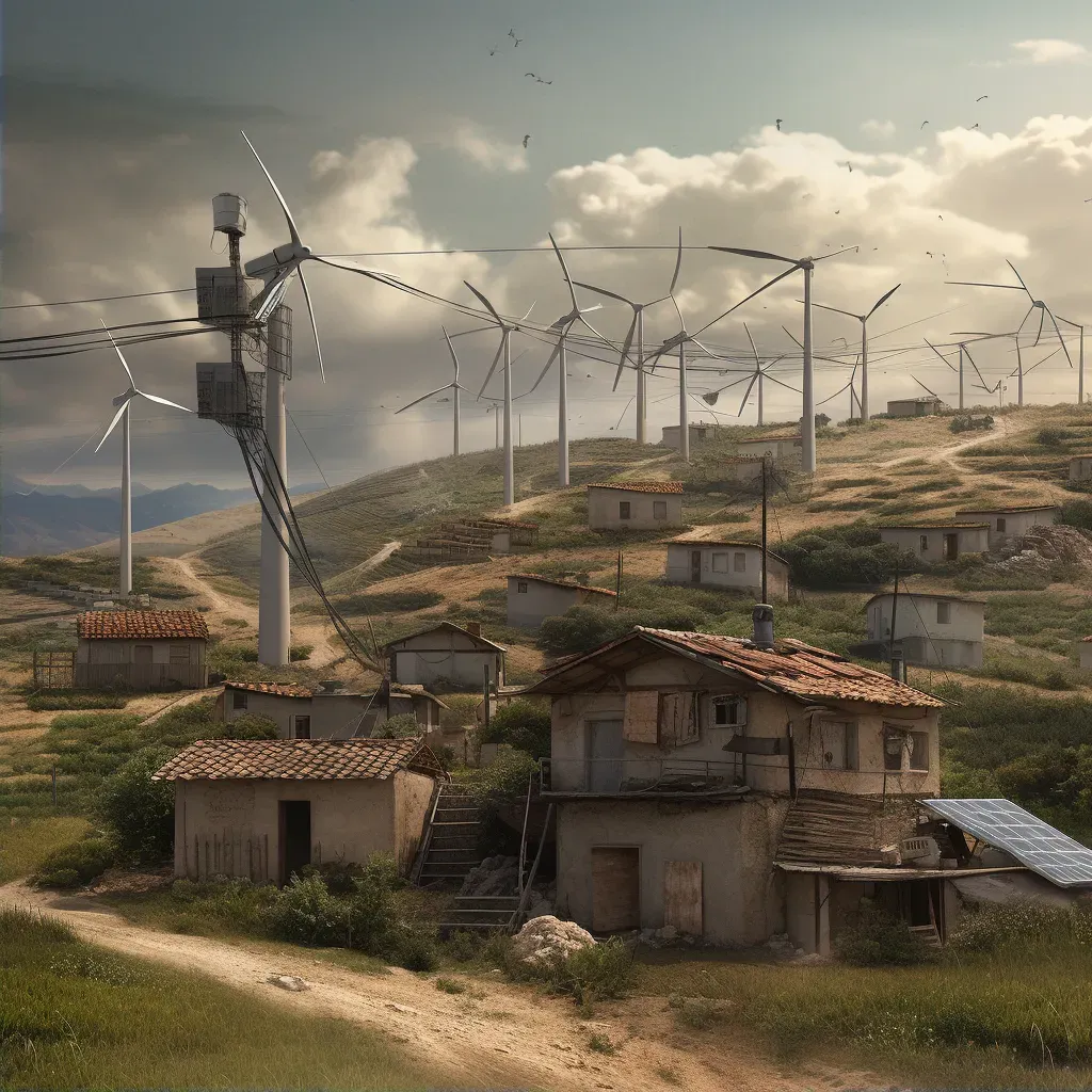 Technological transformation of rural village with solar panels and wind turbines - Image 2