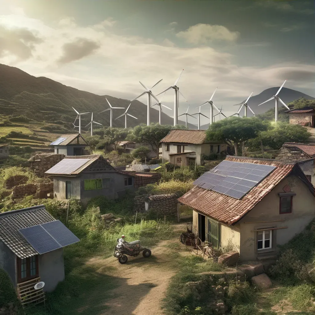 Technological transformation of rural village with solar panels and wind turbines - Image 3