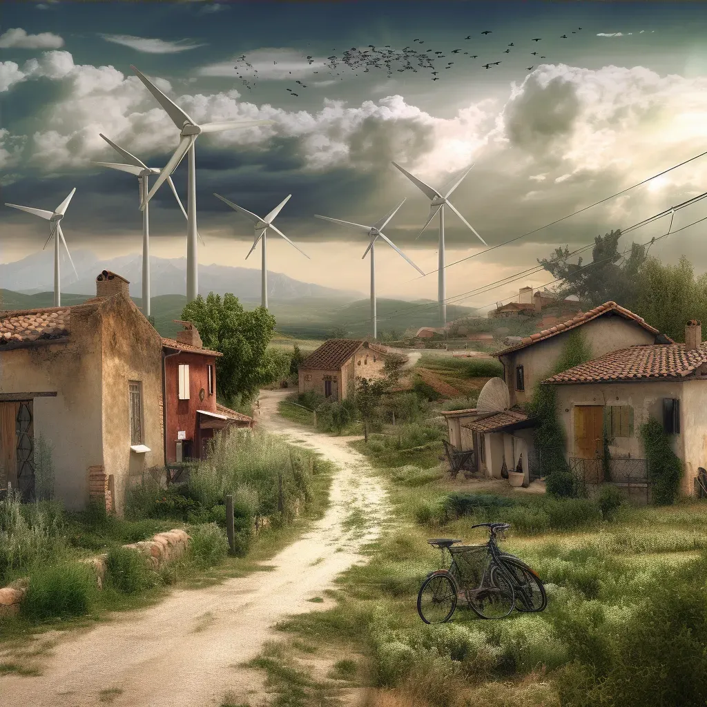 Technological transformation of rural village with solar panels and wind turbines - Image 4