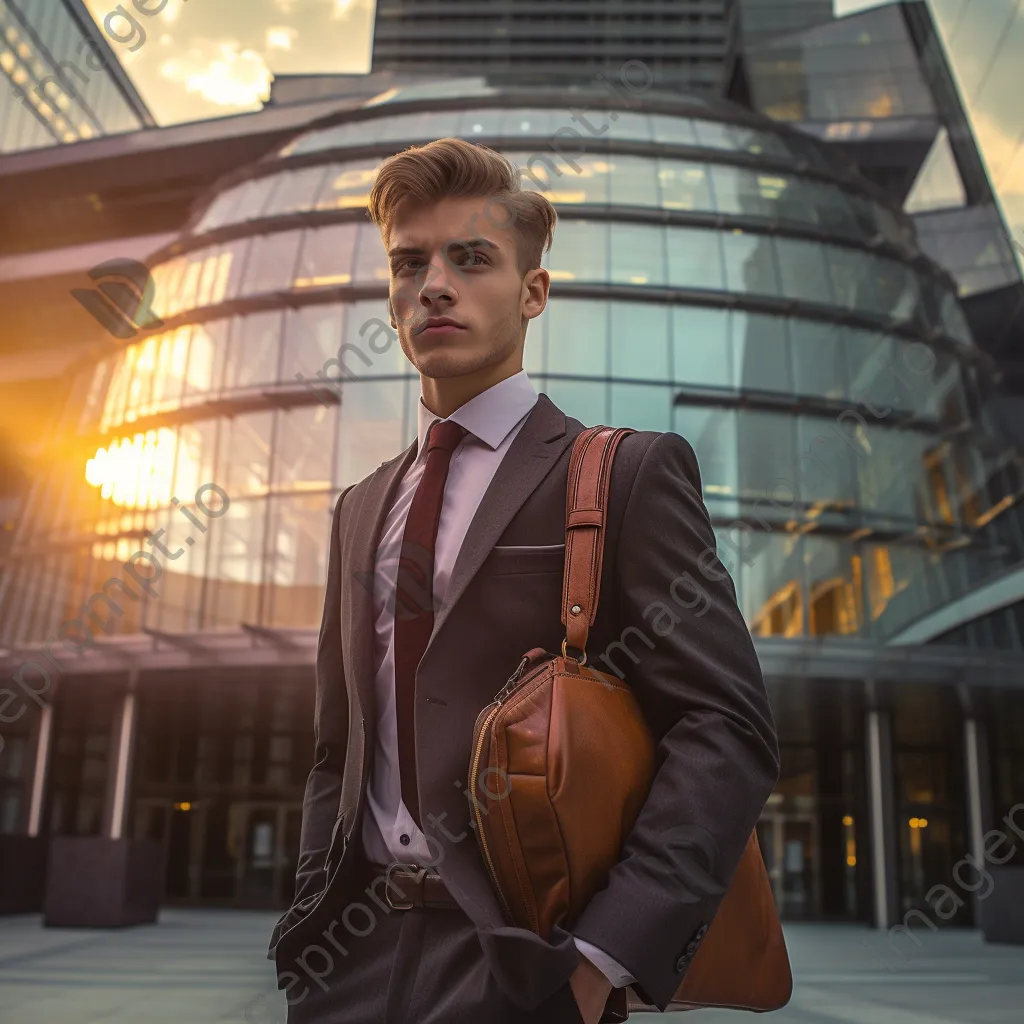 Young professional in suit holding briefcase outside bank - Image 1