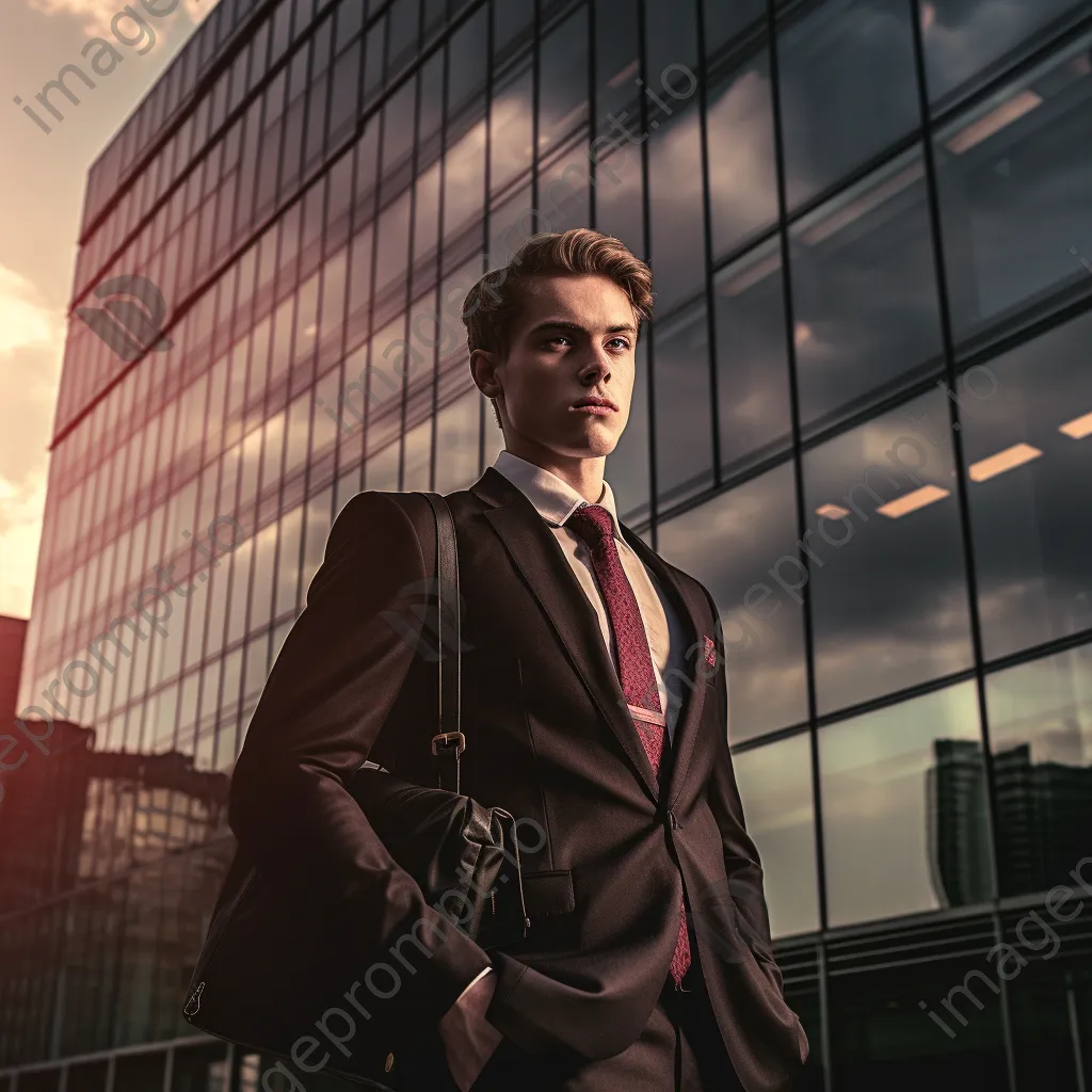 Young professional in suit holding briefcase outside bank - Image 4