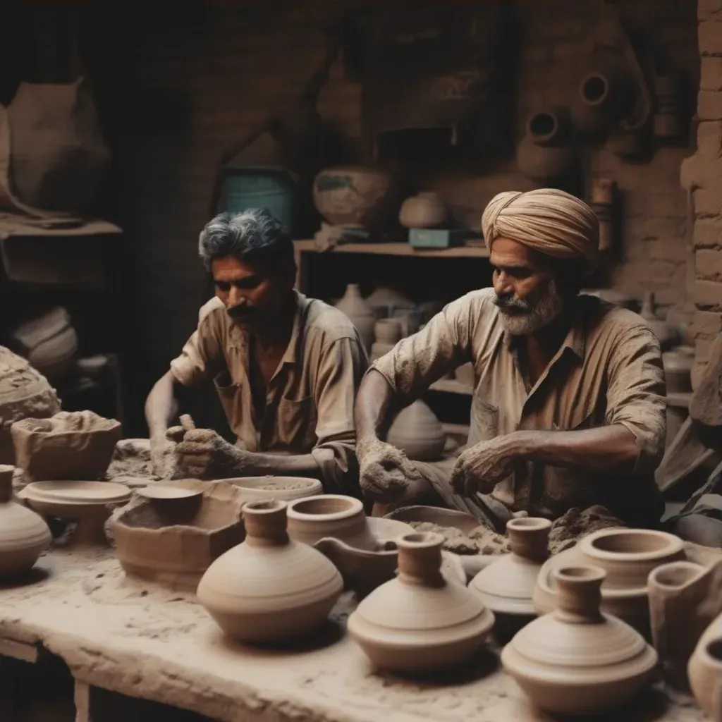 Local pottery workshop with artisans shaping clay into vessels surrounded by tools - Image 3