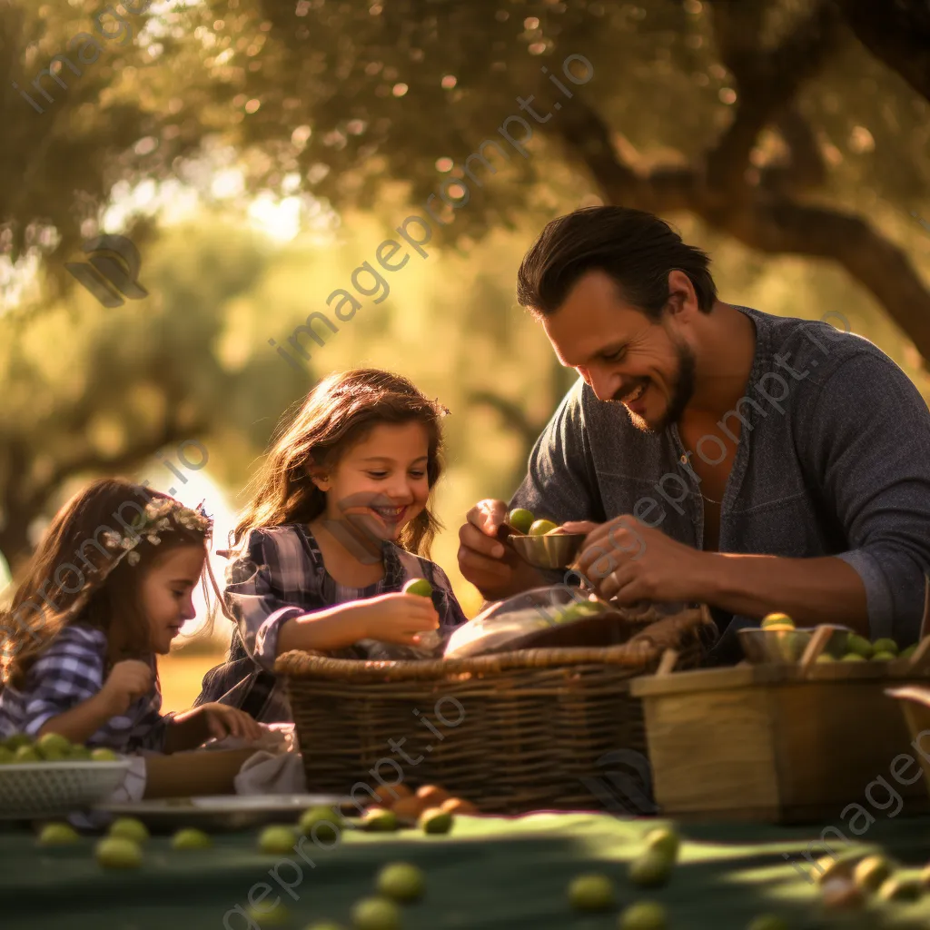 Family enjoying a picnic surrounded by olives in an olive grove. - Image 1