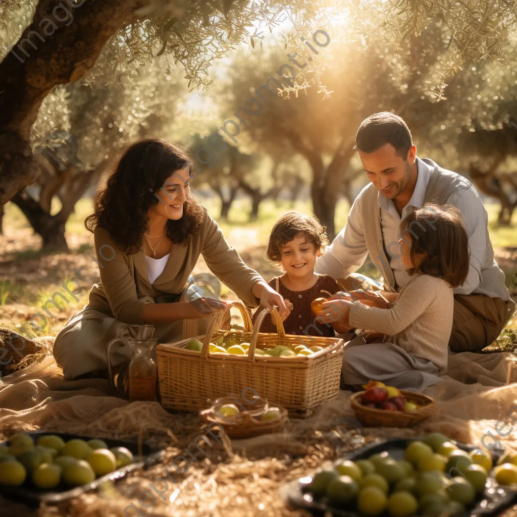 Family enjoying a picnic surrounded by olives in an olive grove. - Image 2