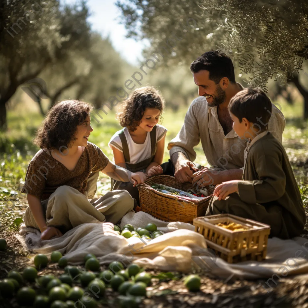 Family enjoying a picnic surrounded by olives in an olive grove. - Image 3