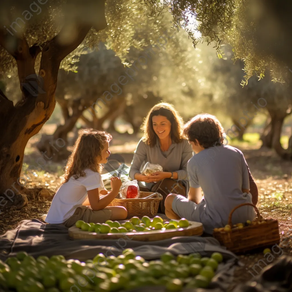 Family enjoying a picnic surrounded by olives in an olive grove. - Image 4