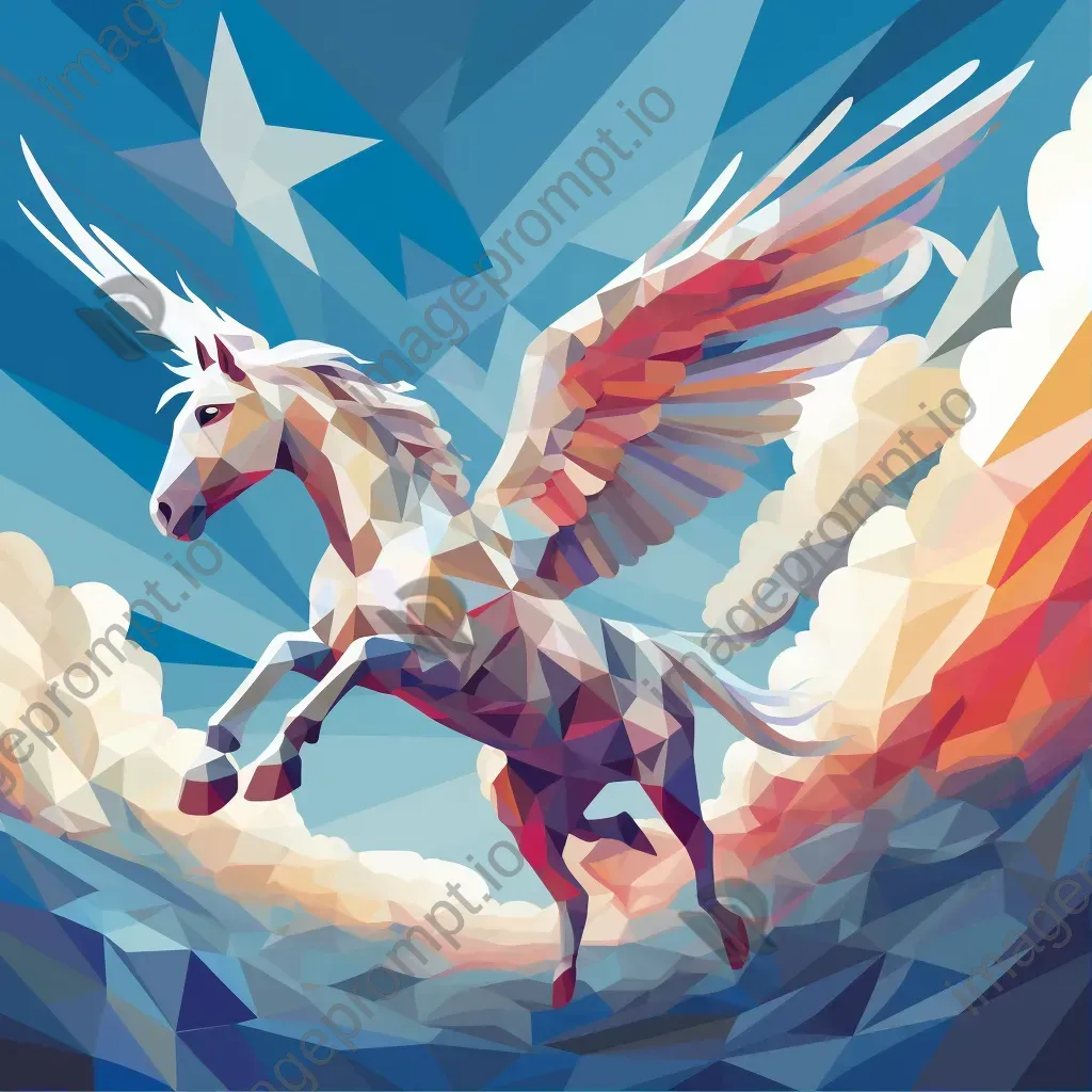 Awe-inspiring low poly Pegasus soaring through fluffy cumulus clouds - Image 1