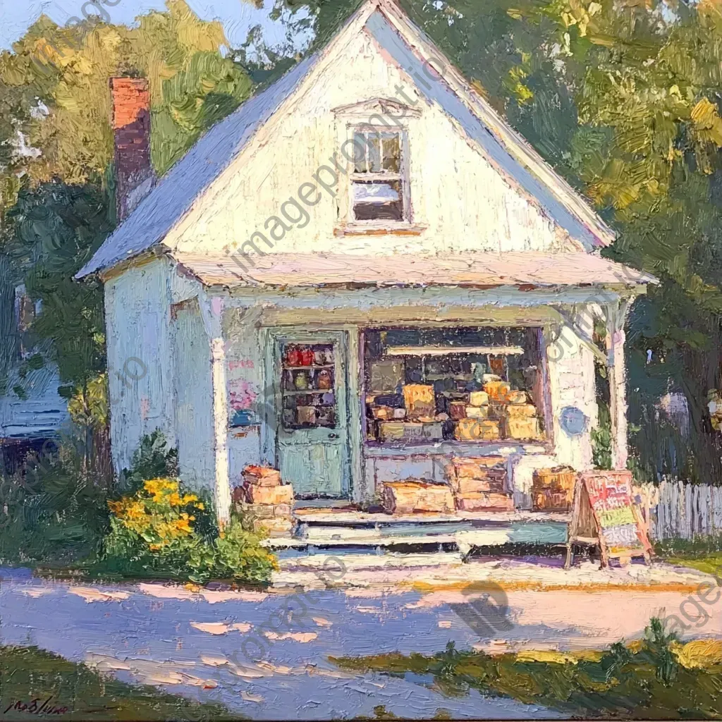 A charming rural bakery in the soft golden light of early morning, with a soft pastel color palette - Image 1