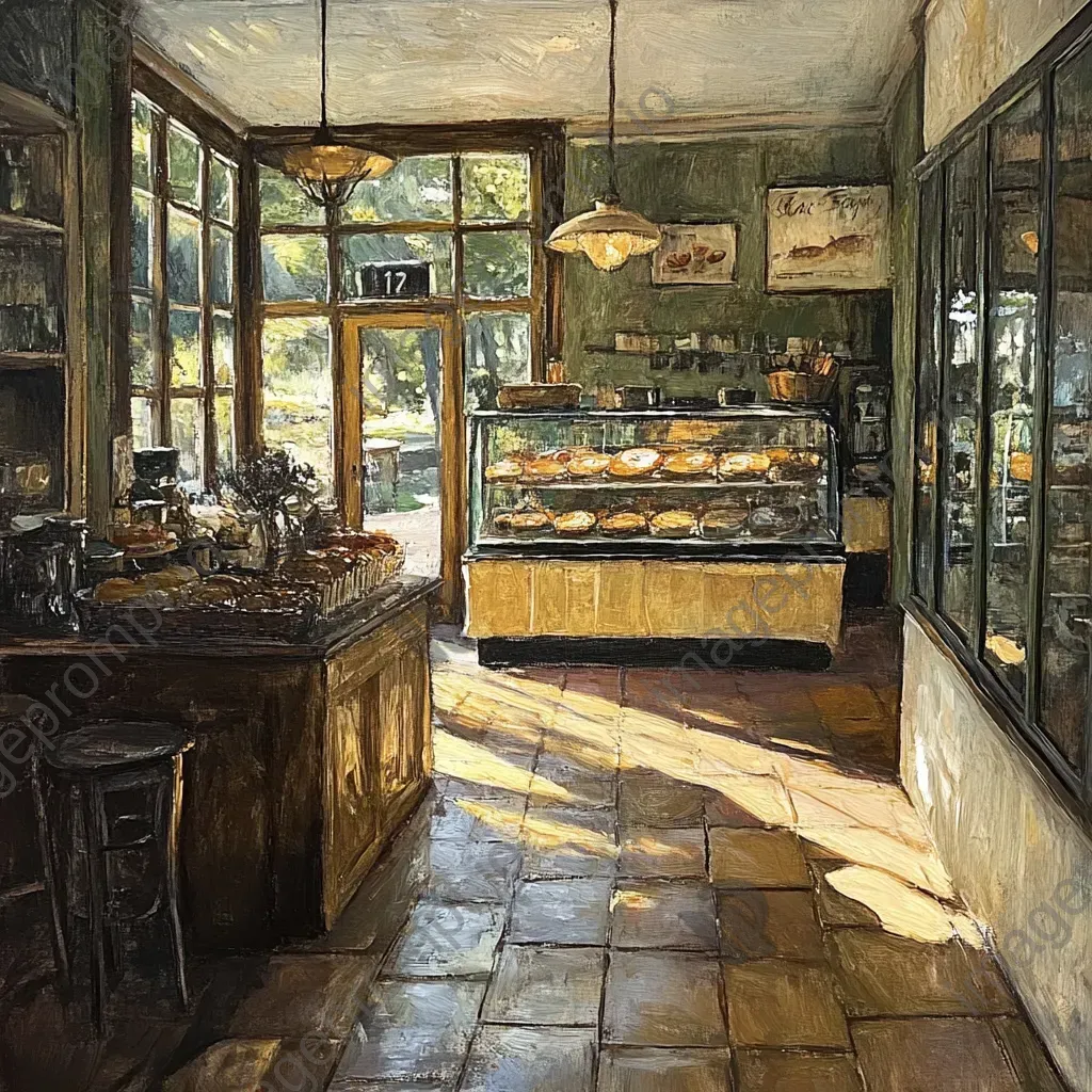 A charming rural bakery in the soft golden light of early morning, with a soft pastel color palette - Image 3