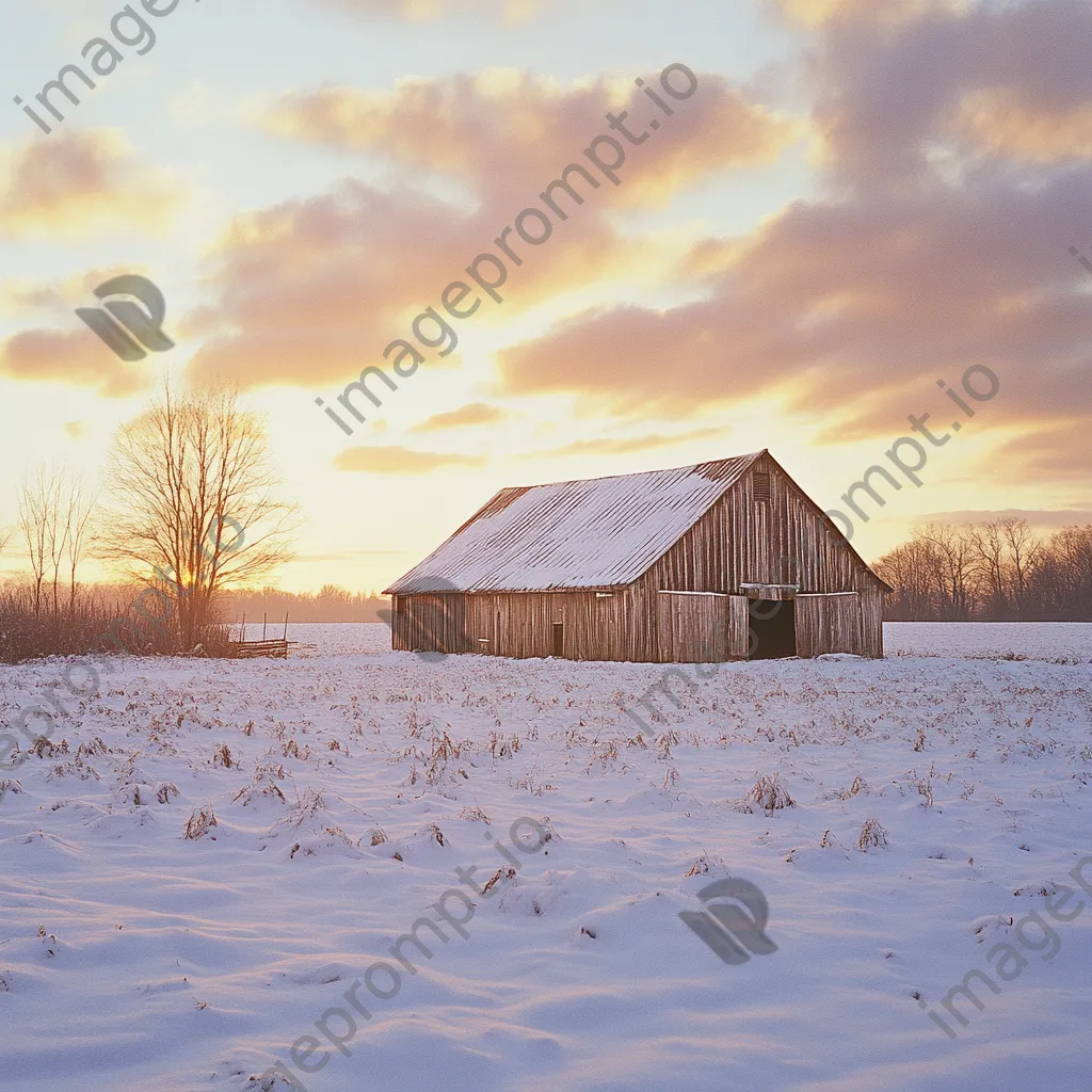 Rustic barn in winter field at sunset - Image 1