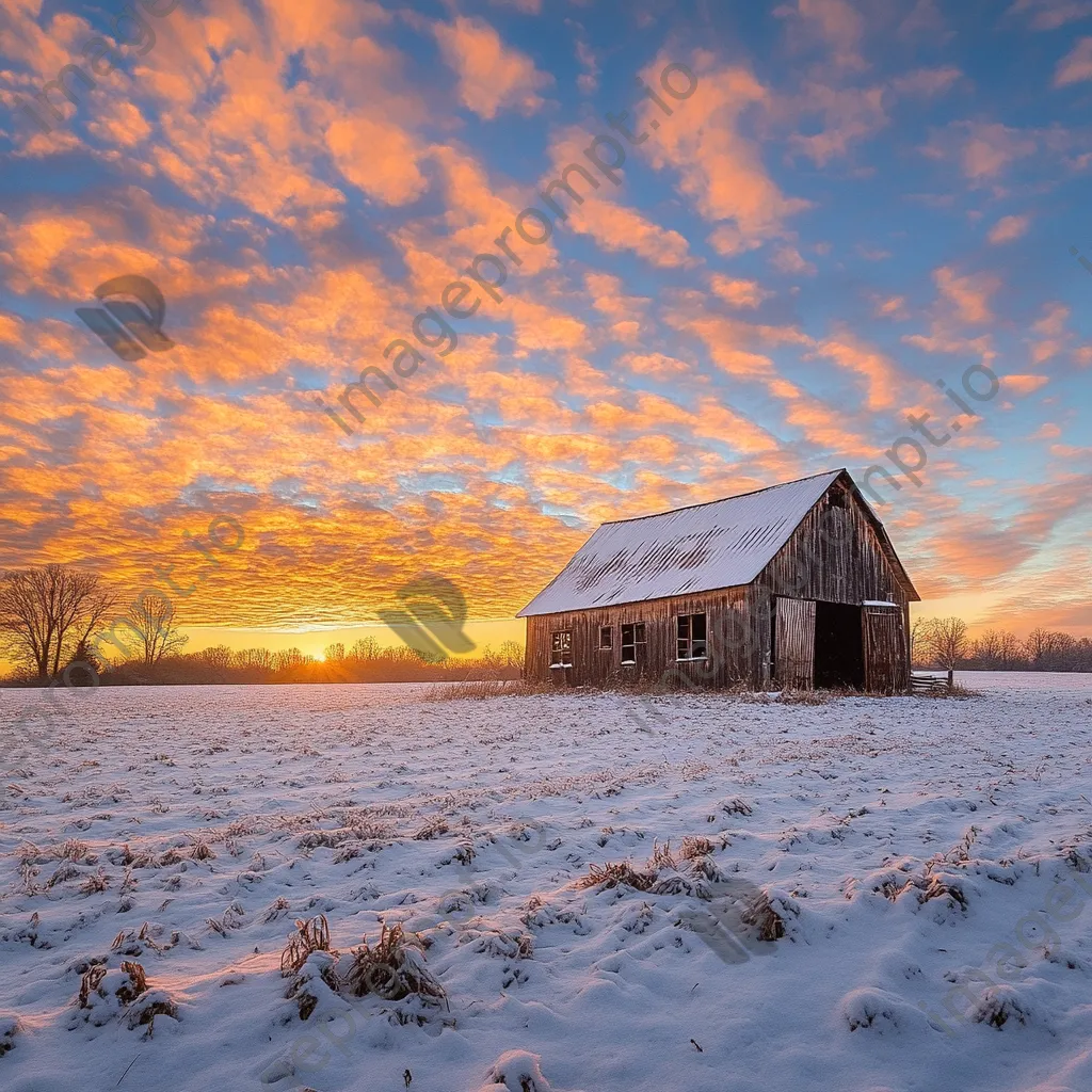 Rustic barn in winter field at sunset - Image 2