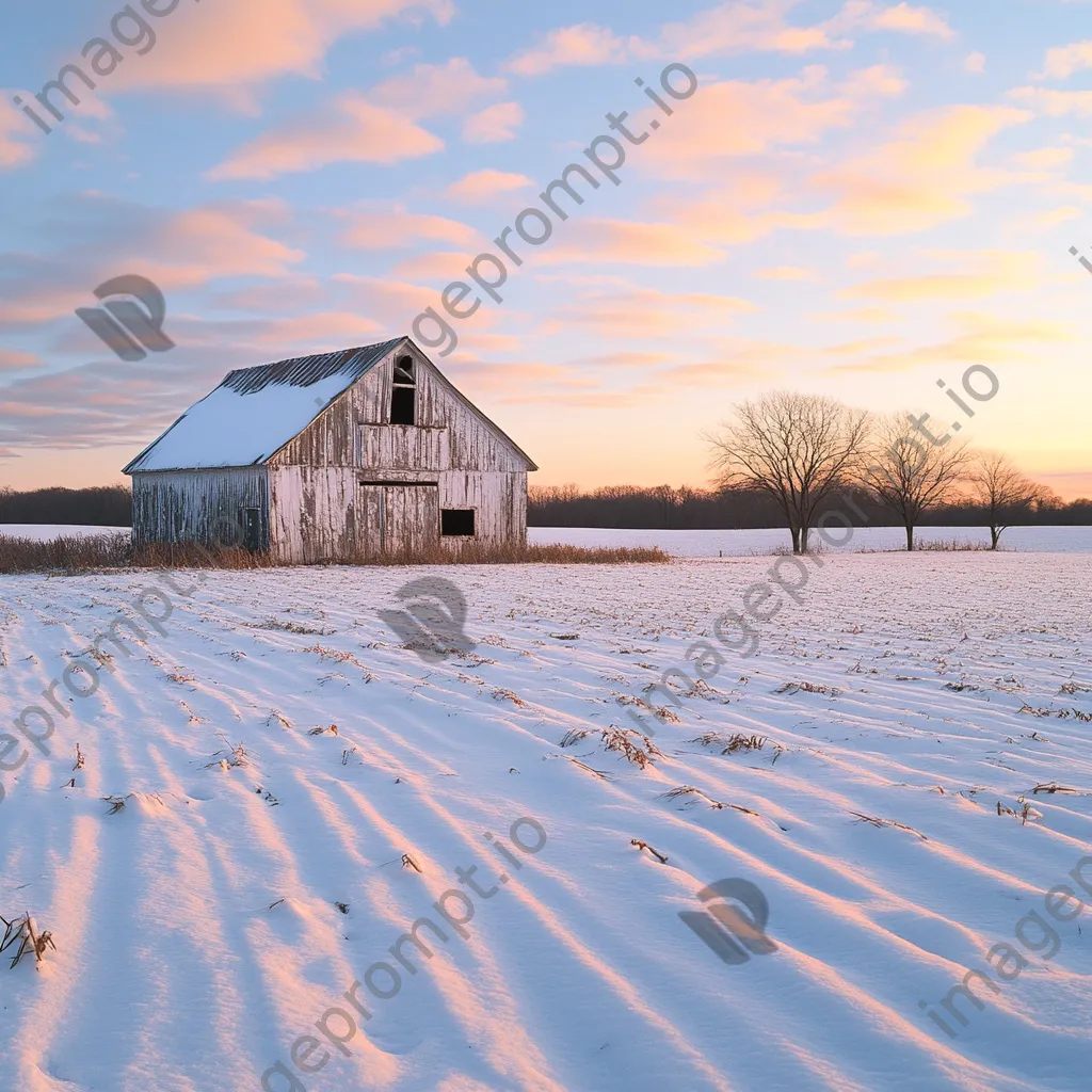 Rustic barn in winter field at sunset - Image 3