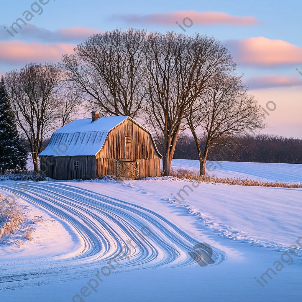 Rustic barn in winter field at sunset - Image 4